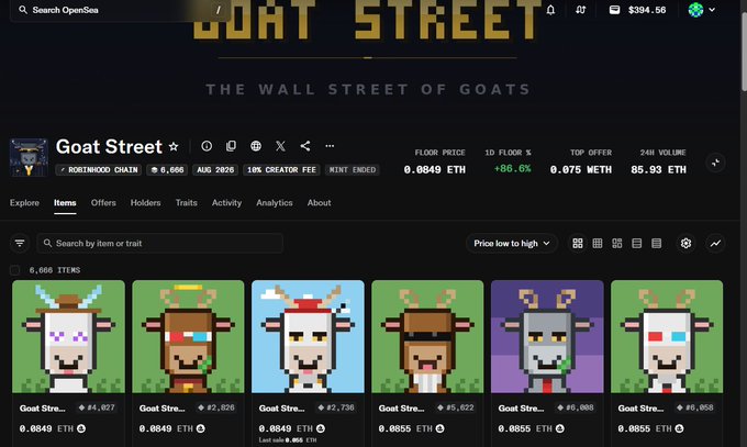 Screenshot of the OpenSea NFT marketplace showing the 'Goat Street' collection on Robinhood Chain, featuring pixel-art goat NFTs with a floor price of 0.0849 ETH.
