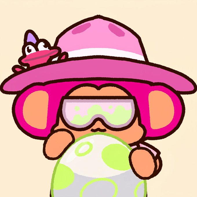An illustration of a cartoon character wearing a pink wide-brimmed hat with goggles, holding a green-spotted egg, with a small frog wearing a mask perched on the hat.