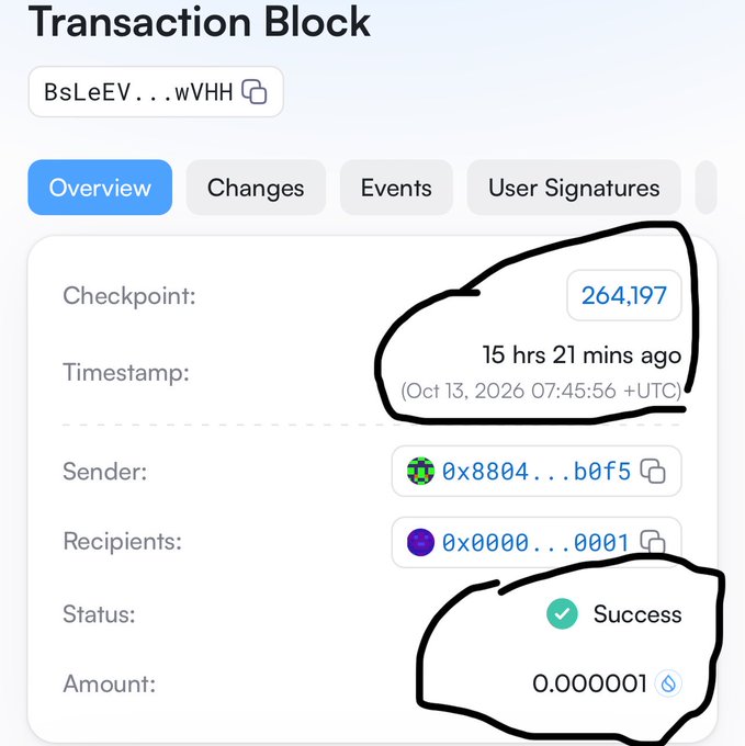 A digital transaction block showing a successful transfer with checkpoint 264,197, timestamped 15 hrs 21 mins ago, sender 0x8804...b0f5, recipient 0x0000...0001, and amount 0.000001.