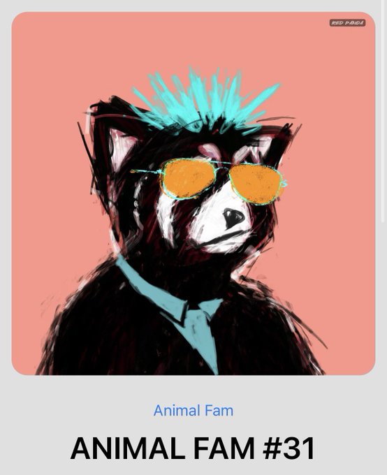 An expressive painting of a black bear wearing orange sunglasses and a tie against a pink background, labeled 'ANIMAL FAM #31'.