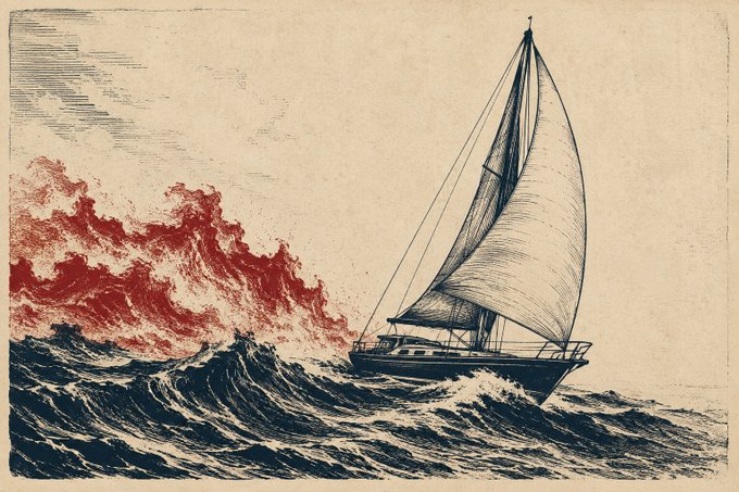 An artistic illustration of a sailboat navigating rough seas, with dark blue waves crashing in the foreground and striking red waves in the background against a pale sky.