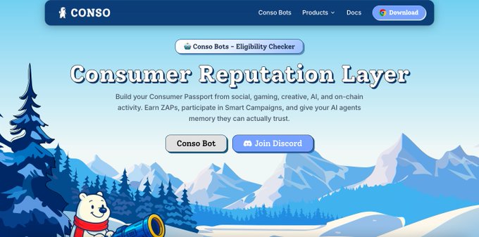 CONSO website landing page titled 'Consumer Reputation Layer' featuring a winter mountain illustration with a polar bear mascot and CTA buttons for Conso Bot and Join Discord.