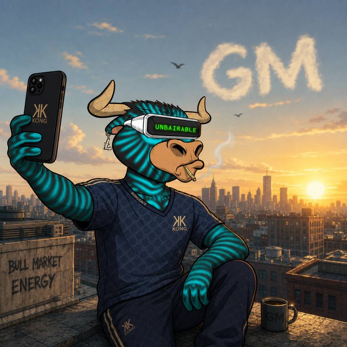 A teal, horned bull character wearing "UNBAIRABLE" VR goggles and "KONG"-branded apparel takes a selfie on a rooftop at sunrise, with "GM" spelled in clouds above and "BULL MARKET ENERGY" graffiti on a nearby wall, perfectly capturing the upbeat "Gm bulls 🐂" crypto greeting.