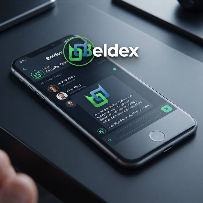 A smartphone displays the 'Beldex' chat interface with a green and blue logo, showing a secure messaging app on a dark surface.