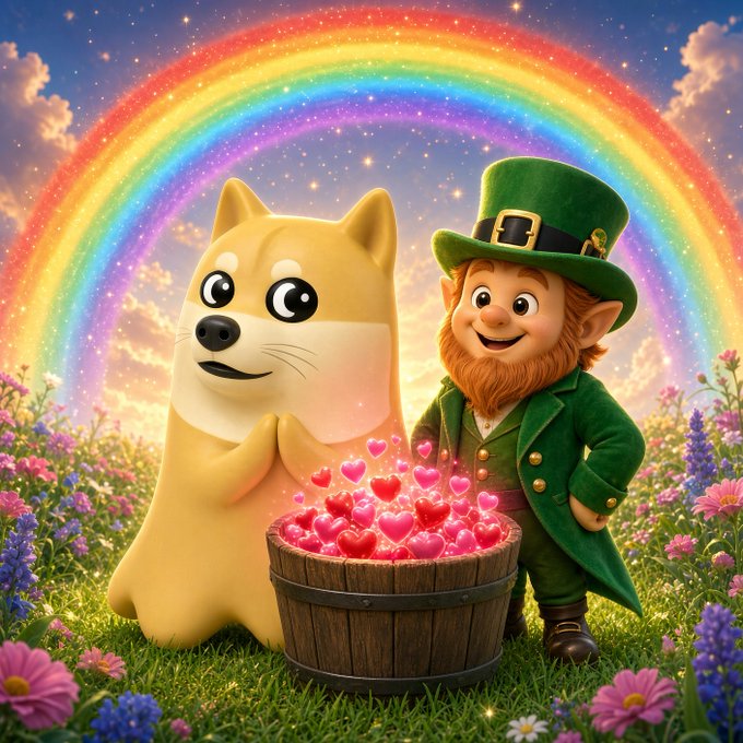 A 3D-style illustration of a Doge (Shiba Inu) and a leprechaun standing by a bucket of glowing pink hearts under a rainbow.