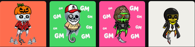 Four cartoonish characters with Halloween-themed designs (pumpkin head, beanie, cap, and bandana) displayed on colored backgrounds with the text 'GM'.