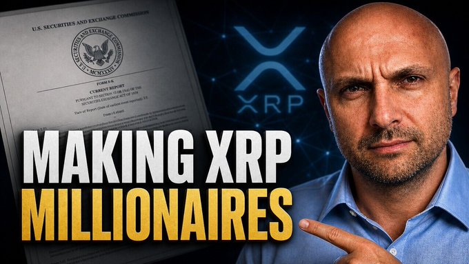 The image features a man wearing a blue shirt, pointing at something above his head with an expression of confusion or surprise. The background shows a document that appears to be a government report about the XRP cryptocurrency. The text "Making XRP Millionaires" is written in white letters on top of this document.