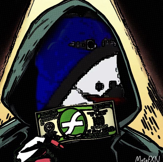 A stylized digital illustration of a hooded figure wearing a mask with an 'X' symbol and holding a glowing card, signed 'Meta.FXN' in the bottom right.