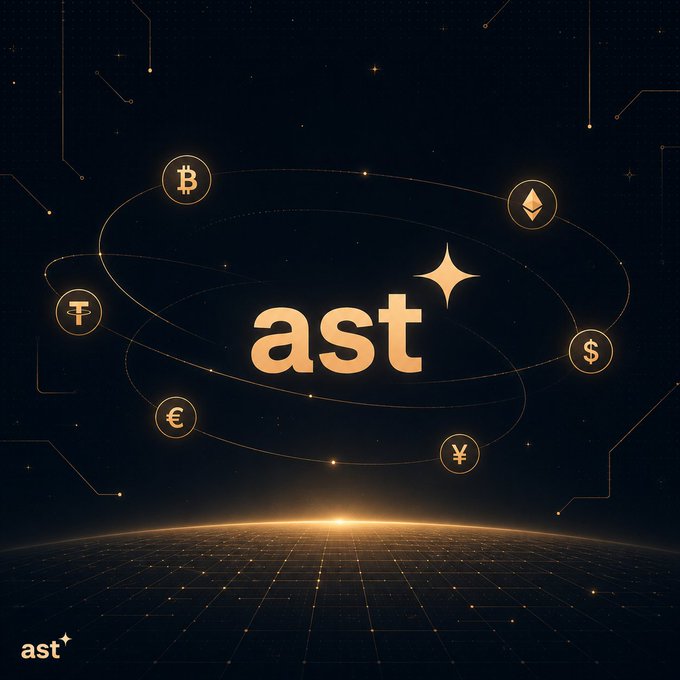 The image features the "ast" logo prominently in gold against a cosmic, starry backdrop with orbiting circles showcasing cryptocurrency and fiat symbols (₿, Ξ, ₮, €, ¥, $), symbolizing the platform's global reach across multiple digital and traditional assets. This visually reinforces the post's emphasis on Ast's commitment to transparency across diverse asset positions and platforms, including their consumer-facing Ast.fun layer.