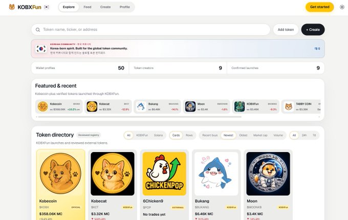 The KOBXFun platform interface showing token directory with featured tokens including Kobecoin ($COIN, $358.06K MC), Kobecat ($CAT, $3.32K MC), GChicken9 ($POP, no trades yet), Bukang ($BUKANG, $6.46K MC), and Moon ($MOON, $3.4K MC).
