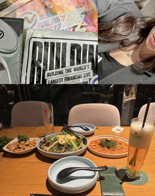 A collage showing a magazine with the text 'BUILDING THE WORLD'S LARGEST FINANCIAL LIVE PLATFORM', a woman with brown hair, and a restaurant table laden with dishes including pizza and salad alongside Heineken beer glasses.