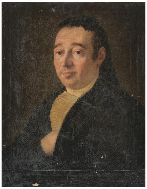 An old oil portrait painting of a man with dark hair wearing a black coat and yellow cravat against a dark background.