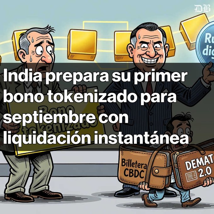 A satirical cartoon illustration with Spanish text 'India prepara su primer bono tokenizado para septiembre con liquidación instantánea' depicts characters labeled 'Billetera CBDC' and 'DEMAT 2.0'.