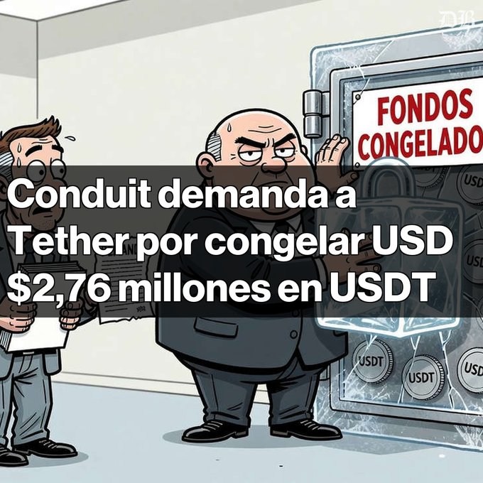 A cartoon image with Spanish text overlay reading "Conduit demanda a Tether por congelar USD $2,76 millones en USDT" and "FONDOS CONGELADO," depicting two men next to a large frozen safe containing USDT coins.