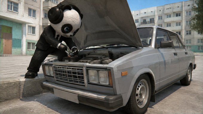 A 3D-rendered character wearing a panda mask and black suit appears to be repairing the engine of a silver Lada sedan in front of a Soviet-style apartment building.