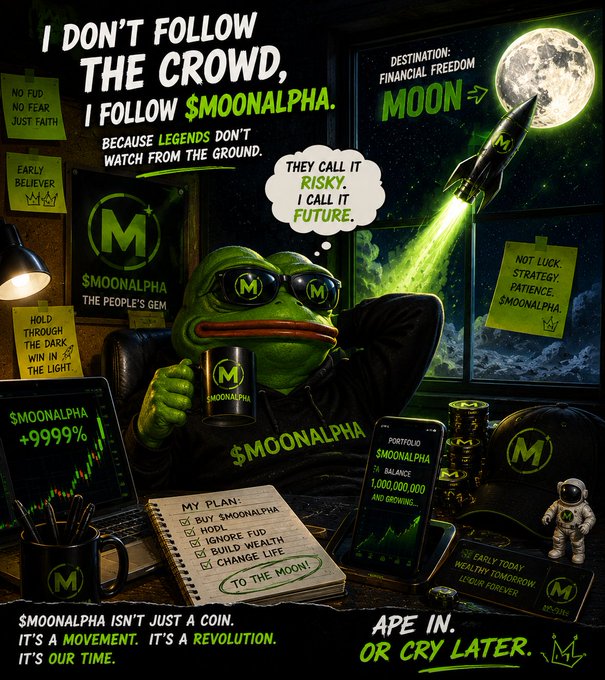 A meme-style promotional image for '$MOONALPHA' featuring a Pepe the Frog character in a rocket-themed setup with multiple slogans like 'I FOLLOW SMOONALPHA' and 'APE IN. OR CRY LATER.'
