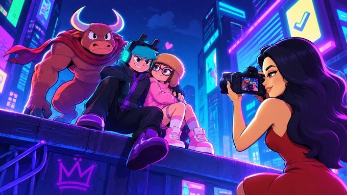 Colorful animated illustration showing a bull mascot and two cartoon characters (one with blue hair, one with blonde hair and glasses) sitting on a ledge while a dark-haired woman in a red dress photographs them in a neon-lit cityscape.