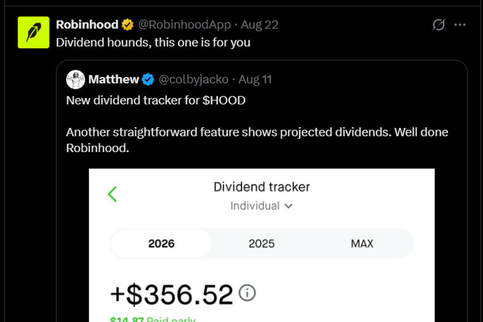 A Robinhood tweet from @RobinhoodApp replying to a post by @colbyjacko about a new dividend tracker for $HOOD, showing projected dividends of +$356.52.