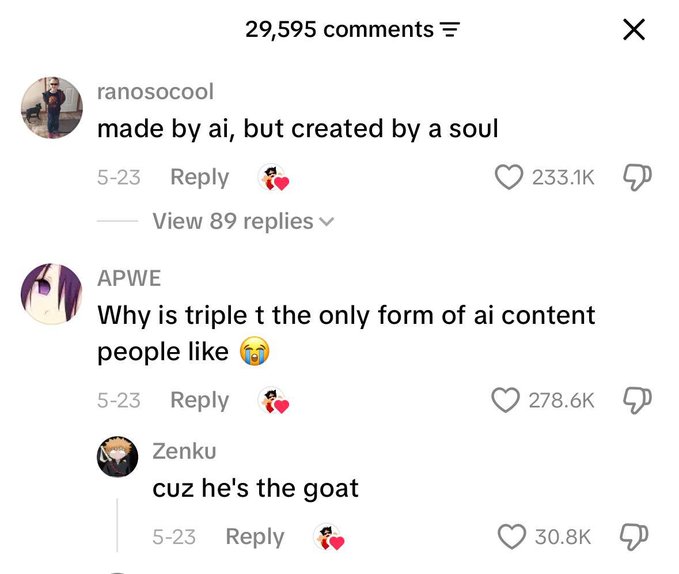 A TikTok comment section with 29,595 comments shows users discussing AI content, with the top comment "made by ai, but created by a soul" (233.1K likes) and another asking why "triple t" is the only AI content people like (278.6K likes), followed by a reply calling him "the goat" (30.8K likes) — supporting the post's claim that $TripleT is a viral internet meme phenomenon with massive engagement.