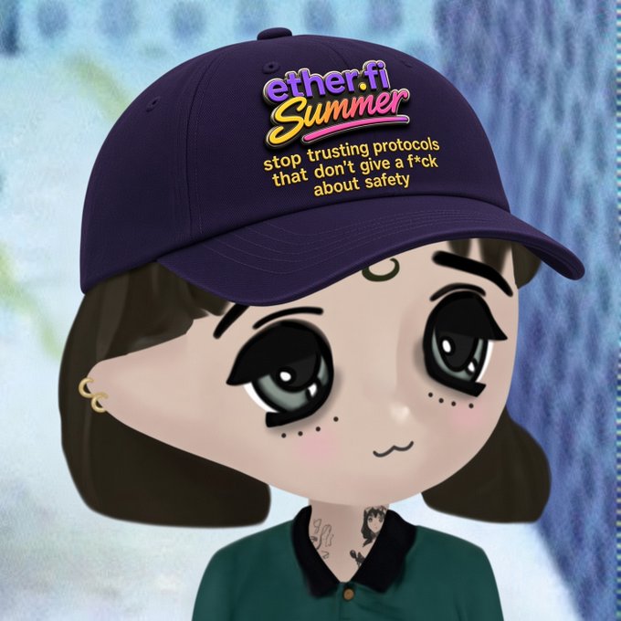 A cartoon-style avatar of a girl with a tattoo on her neck wears a navy cap with the text 'ether.fi Summer / stop trusting protocols that don't give a f*ck about safety.'