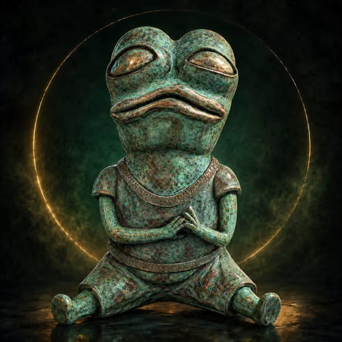A weathered, greenish stone statue of a frog-like humanoid creature with large closed eyes and hands clasped together, set against a dark background with a glowing golden circular halo behind it.