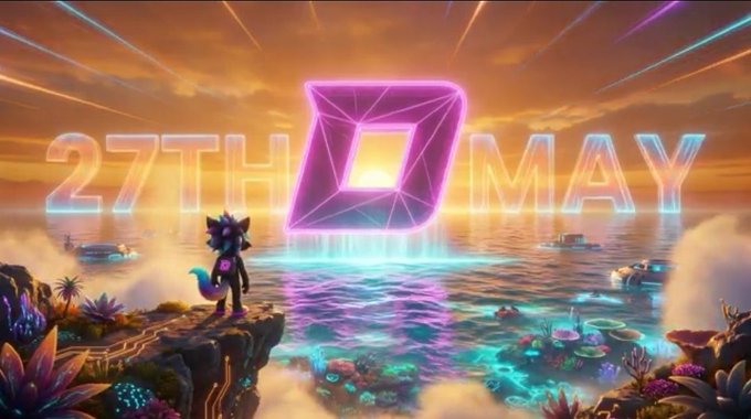 The image features a vibrant scene of a cartoon character standing on top of a cliff overlooking an ocean filled with colorful fish. The character appears to be looking out over the water, possibly contemplating their next adventure or simply enjoying the view. In the background, there are several boats scattered across the ocean, adding to the overall sense of exploration and discovery.

The image also contains text that reads "27th May", which could potentially be a date or a specific event related to the cartoon character's adventures. The caption further explains that the character is now live on Twitter, with 13M+ users and multiple live Telegram apps generating momentum around their project. This suggests that the character has gained significant popularity and recognition for their unique storytelling and engaging visuals.