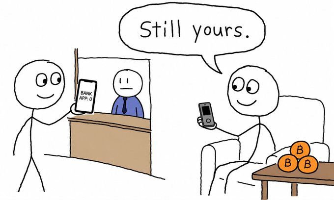 A cartoon illustration showing a stick figure showing a 'BANK APP: 0' on a smartphone to a banker behind a desk, while another stick figure holding an old-style mobile phone says 'Still yours.' to someone sitting on a couch next to three orange 'B' coins.