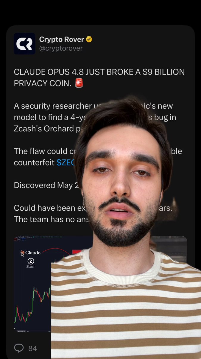 The image shows a man with a beard wearing a striped shirt, who appears to be looking at his phone screen. The text on the screen reads "This bug lived in Zcash for over 4 years Claude found it", which suggests that there might have been an issue with the cryptocurrency wallet or blockchain technology used by the Bitcoin network.