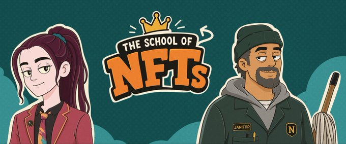 A promotional graphic for "The School of NFTs" Genesis mint features cartoon characters—a purple-haired girl in a blazer and a bearded janitor named "JANITOR" in a green beanie holding a mop—flanking the show's logo, which displays a crown above the title in orange and white lettering against a teal background.