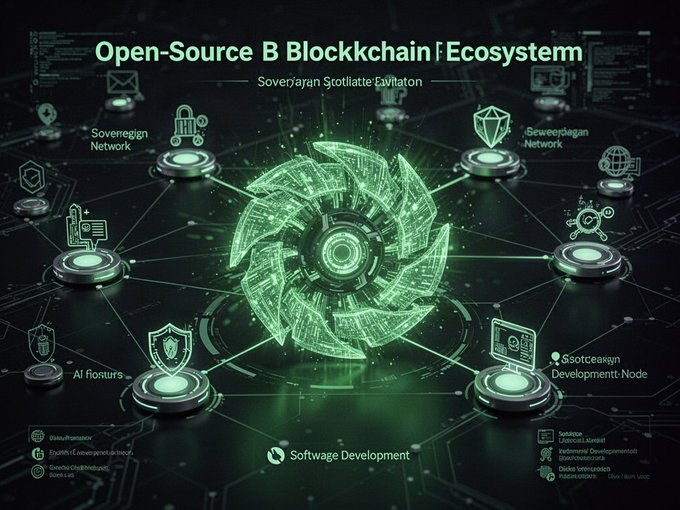 The image is a futuristic green-themed infographic titled "Open-Source Blockchain Ecosystem," featuring a central glowing turbine-like hub connected to surrounding nodes labeled "Sovereign Network," "AI Posture," and "Development Node," with a "Software Development" footer. It visually represents Canopy Network's layerless, open-source architecture that enables developers to build independent sovereign Layer-1 blockchains, illustrating the interconnected yet autonomous nature of the ecosystem without shared block space or bridges.