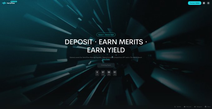 A website landing page for "Hercules Markets" displaying a countdown timer and the text "DEPOSIT • EARN MERITS • EARN YIELD" against a dark teal, abstract background.