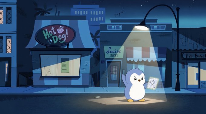 A cartoon illustration of a small penguin standing on a spotlight-illuminated city street at night, holding a piece of paper, with storefronts labeled 'Hot Dog!', 'Louise Store', and 'Liza Bakery' in the background.