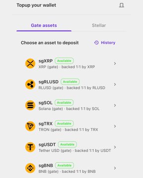 A cryptocurrency wallet interface showing 'Topup your wallet' with available Gate assets including sgXRP, sgRLUSD, sgSOL, sgTRX, sgUSDT, and sgBNB, all backed 1:1.