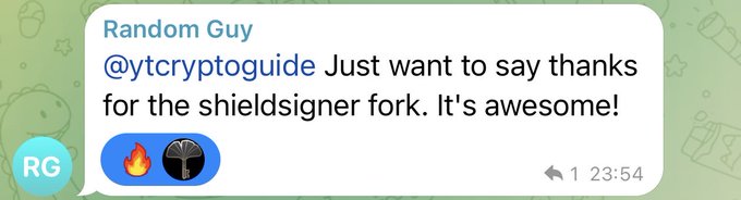 A tweet from "Random Guy" (@RG) thanks @ytcryptoguide for the "shieldsigner fork," calling it awesome. The image supports the post by showing community appreciation for the ShieldSigner fork, which adds smartcard support for managing seeds on a SeedSigner device.