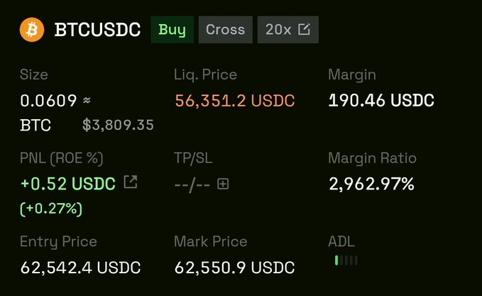 The image shows a BTCUSDC perpetual futures position with a long (Buy) bias at 20x leverage, displaying a small unrealized profit of +0.52 USDC (+0.27% ROE) on a 0.0609 BTC position with an entry price of 62,542.4 and mark price of 62,550.9. It humorously illustrates the post's desire for "greener" profits, as the modest gain—though technically in the green—is far from the significant profitability being hoped for.