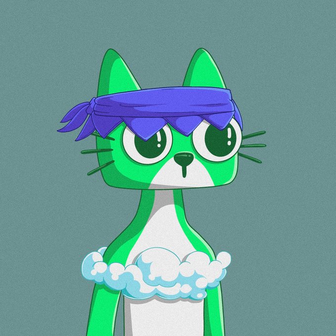 An illustration of a green cartoon cat wearing a purple bandana, featuring large expressive eyes, whiskers, and sitting on a fluffy white cloud against a teal background.