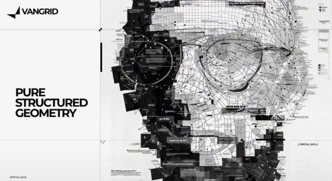 A stylized black and white graphic for VANGRID labeled 'PURE STRUCTURED GEOMETRY,' displaying an intricate wireframe and fragmented 3D mesh resembling a head or globe.