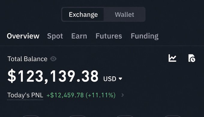 Cryptocurrency exchange dashboard displaying a total balance of $123,139.38 USD with today's PNL showing a gain of +$12,459.78 (+11.11%).