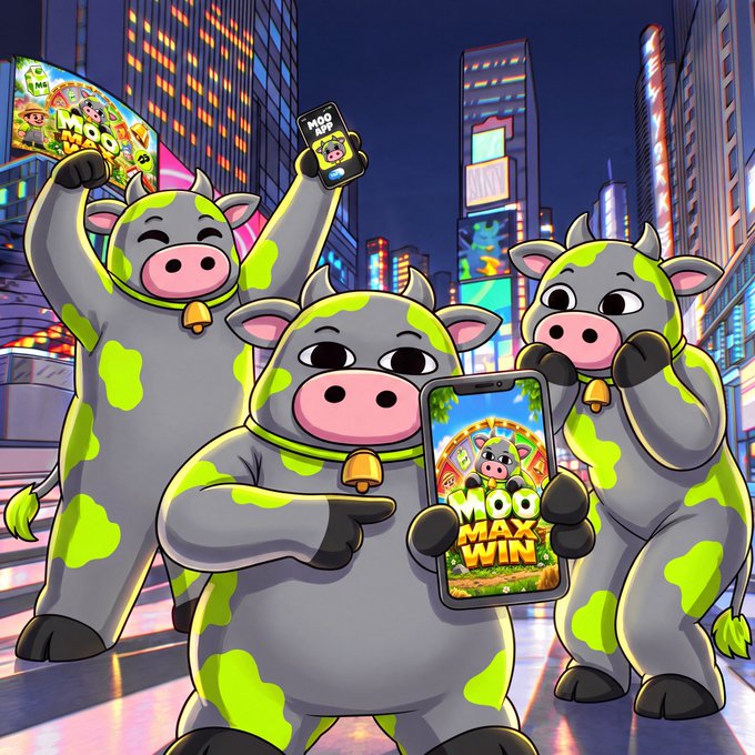 An illustration of three cartoon cows with green splotches in a neon-lit city, holding smartphones displaying the 'Moo Max Win' mobile game.