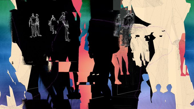 An abstract digital collage featuring fragmented human silhouettes in black, blue, pink, and cream tones with textured, glitch-like visual elements.