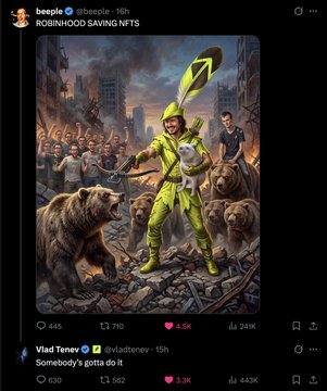 A Twitter post from user 'beeple' showing a digital artwork of Robin Hood in a yellow costume standing among wolves in a destroyed city, with a reply from 'Vlad Tenev' commenting 'Somebody's gotta do it'.