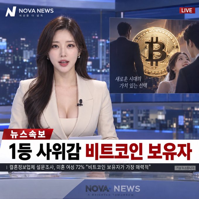 A Korean news broadcast from 'NOVA NEWS' featuring an anchor with a headline reading '1등 사위감 비트코인 보유자' (Number 1 son-in-law candidate: Bitcoin holder), with a survey showing 72% of women in their 20s find Bitcoin holders attractive.
