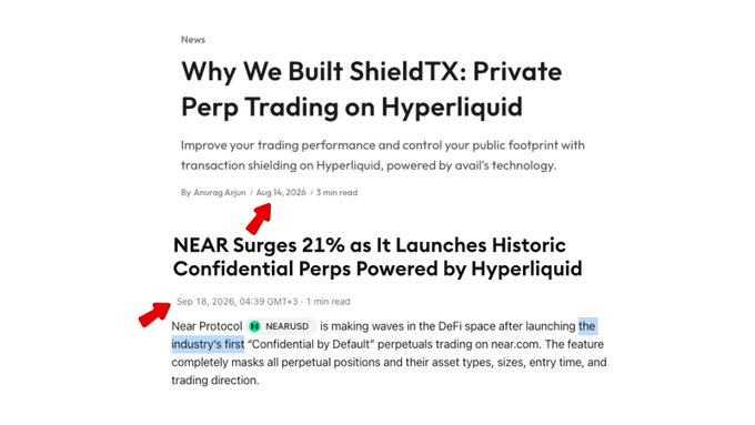A screenshot of crypto-related news articles, including "Why We Built ShieldTX: Private Perp Trading on Hyperliquid" by Anurag Arjun and "NEAR Surges 21% as It Launches Historic Confidential Perps Powered by Hyperliquid," with red arrows pointing to mentions of NEAR Protocol.