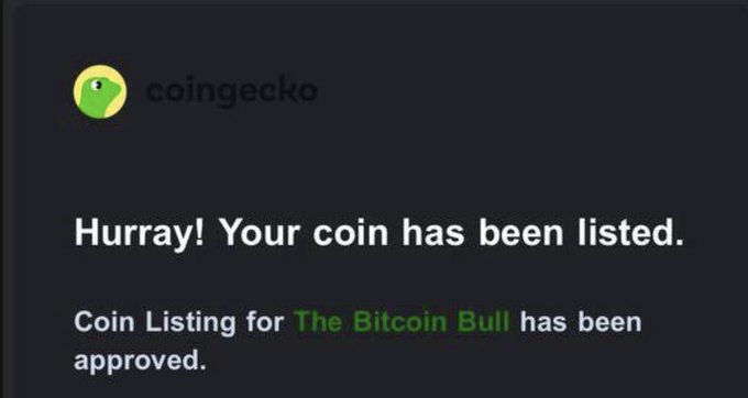 The image displays a Coingecko announcement confirming that "The Bitcoin Bull" ($TBB) coin listing has been approved, aligning with the post's news of $TBB being listed on Coingecko's PoW (Proof of Work) section.
