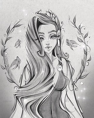 A pencil-style sketch illustration of a stylized female character with long flowing hair and a leaf headpiece, surrounded by decorative leaves and bubbles.