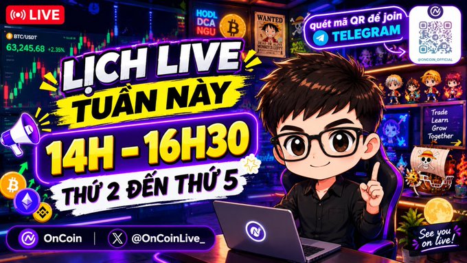 A promotional graphic announces 'LỊCH LIVE TUẦN NAY 14H - 16H30 THỨ 2 ĐẾN THỨ 5' from OnCoin, featuring a cartoon character and Bitcoin/crypto imagery with a Telegram QR code.
