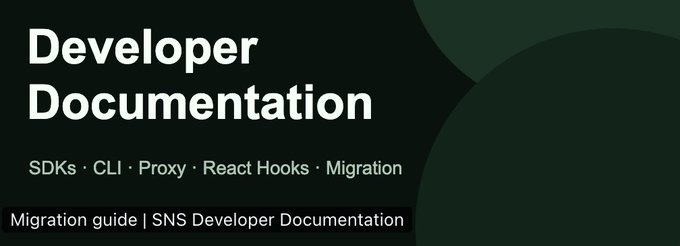 A dark-themed graphic with white text reading 'Developer Documentation' and subtext listing 'SDKs · CLI · Proxy · React Hooks · Migration', with 'Migration guide | SNS Developer Documentation' at the bottom.