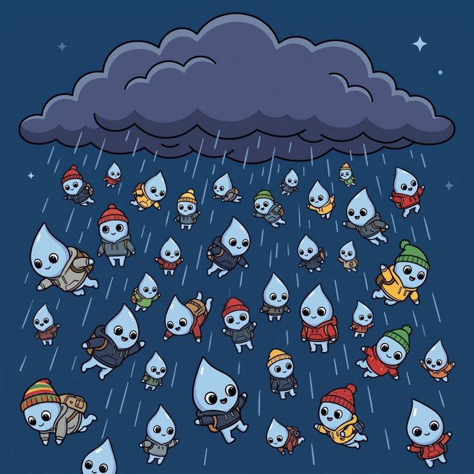 Illustration of small water-drop-shaped characters wearing winter clothes falling like rain from a dark cloud against a starry night sky.