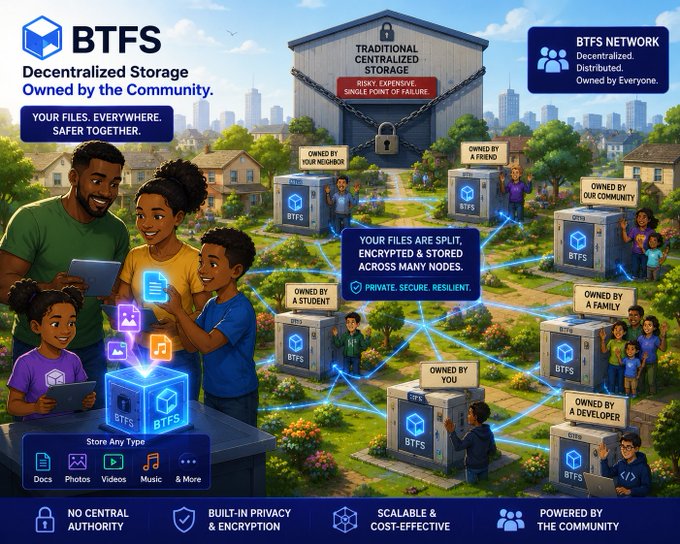 Promotional infographic for BTFS (Decentralized Storage) contrasting traditional centralized storage with a community-owned decentralized network, featuring cartoon families and BTFS storage nodes connected in a neighborhood.