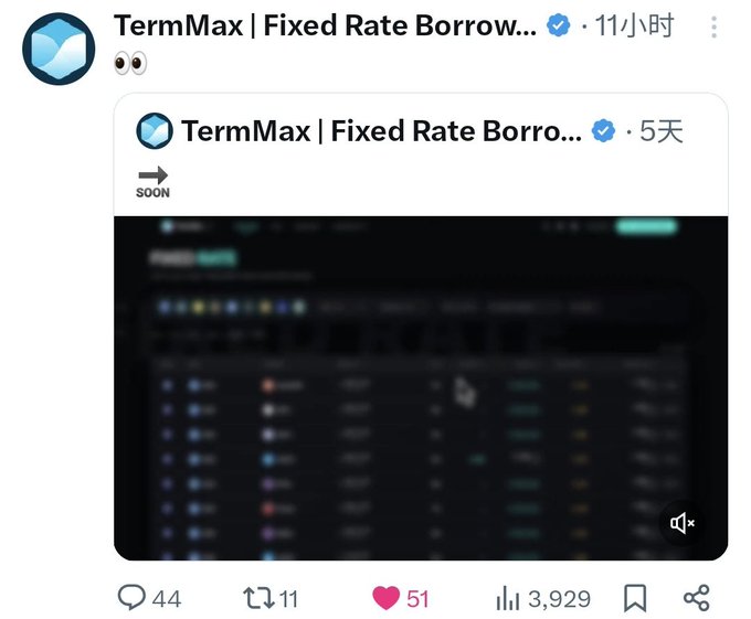 This image is a screenshot of a Twitter post related to a cryptocurrency called "TermMax" by a user named @TermMaxFi. The post includes several images, one of which shows a table displaying different data points such as trading volume, price trends, and market capitalization. There are also various icons and a heart symbol in the image. Overall, this post seems to be about TermMax, discussing its features or providing insights into the cryptocurrency market.